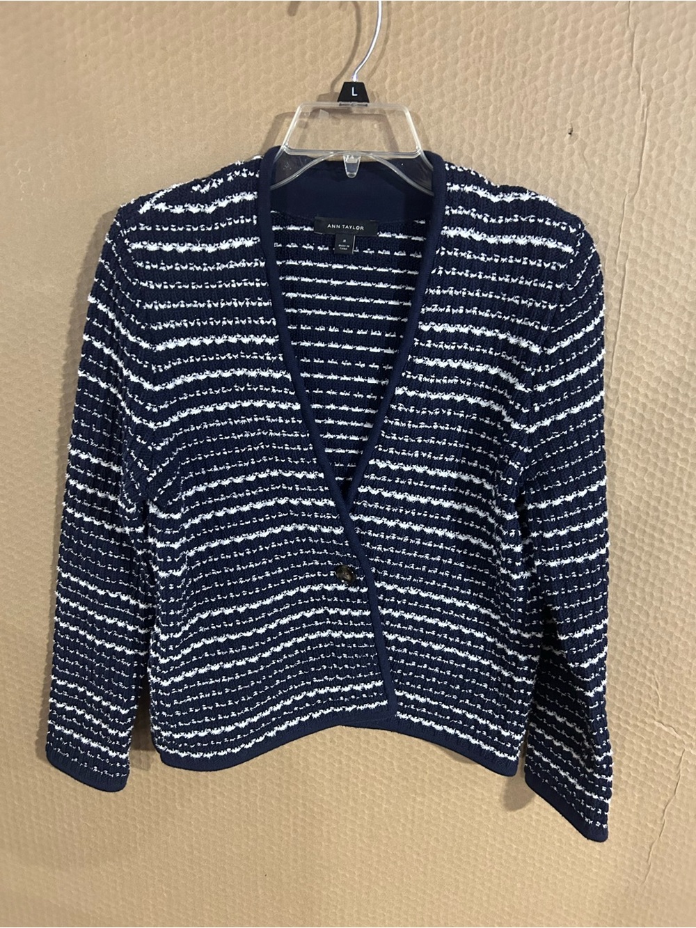 Ann Taylor Navy & White Striped V-Neck Cardigan